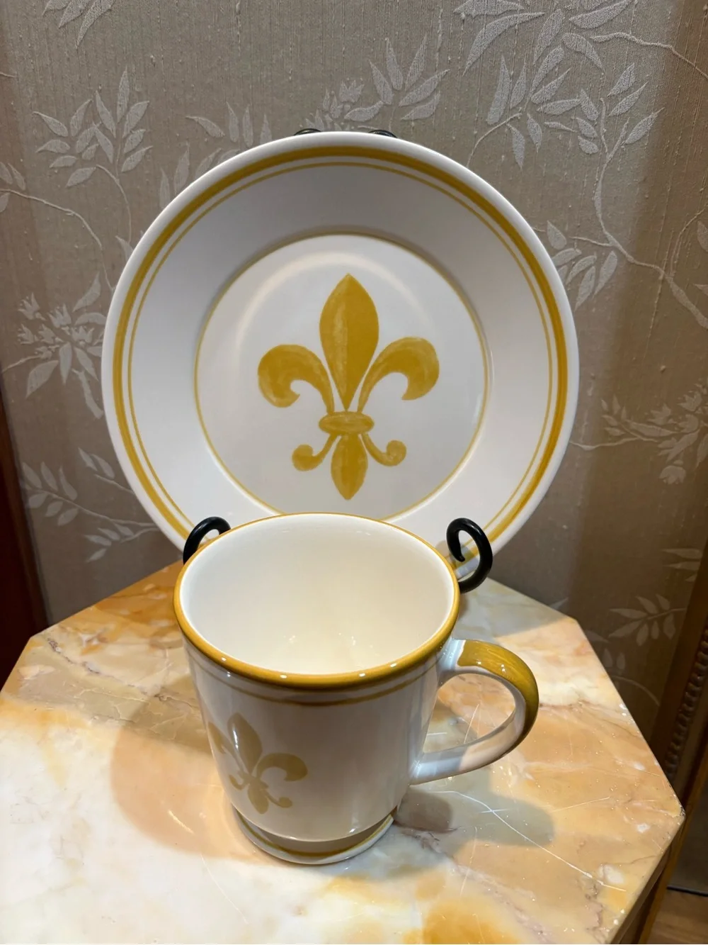 Williams Sonoma White Ceramic Mug and Plate with Yellow Fleur-de-Lis